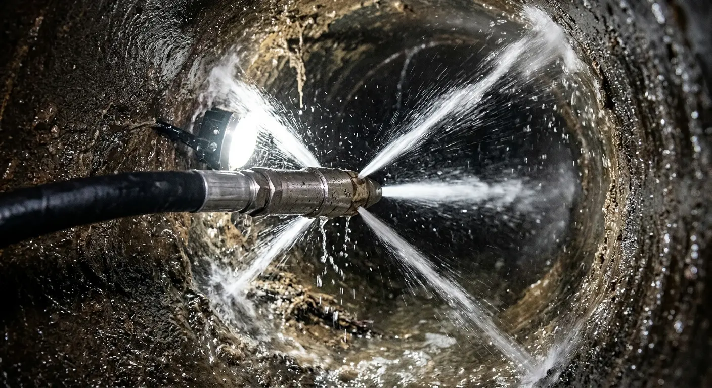 High-pressure hydro jetting nozzle cleaning sewer pipe for Emergency Drain Service in Stow