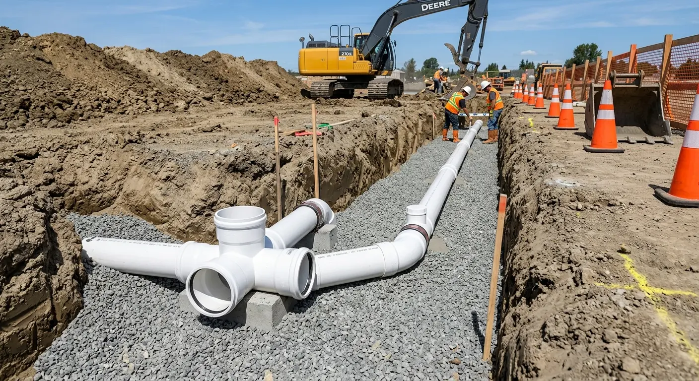 New PVC sewer pipe installation in open trench for Commercial Drain Cleaning in Stow
