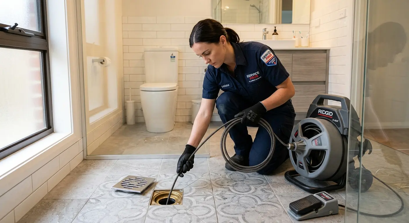Technician clearing a bathroom floor drain for Clogged Drain Repair in Stow